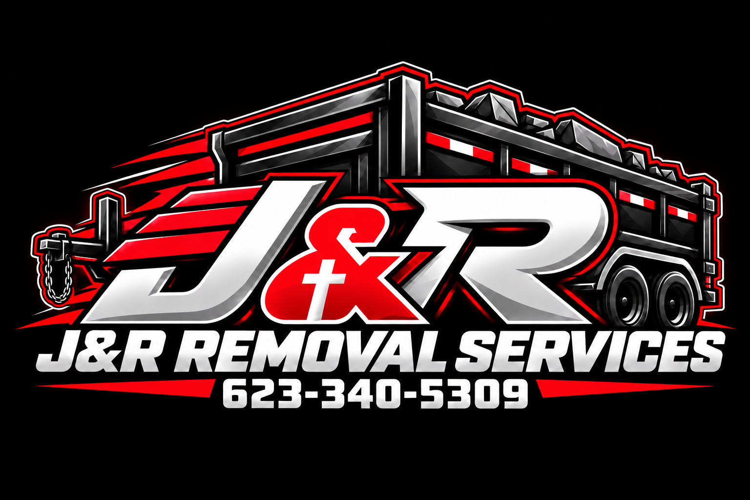 J&R Removal Services logo with dump trailer and cross